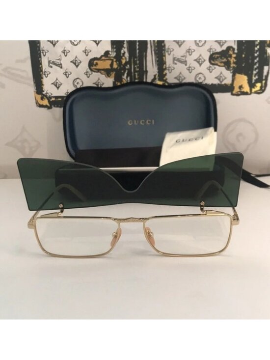 New Authentic Gucci GG0363S 001 Gold Flip-Up Rectangular Sunglasses Green Lenses main image 6